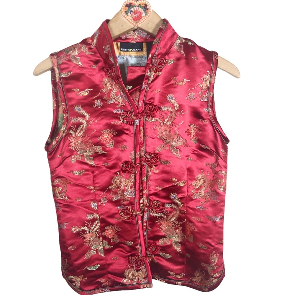 DKNY Jeans Vintage Y2K woven satin traditional Oriental Dragon sleeveless top